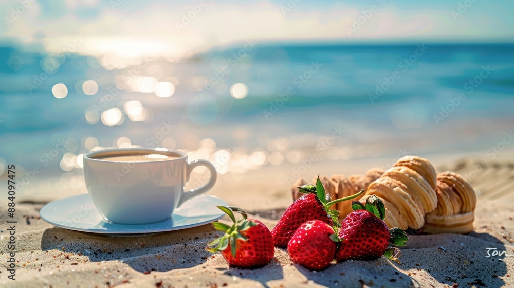 Wall mural Coffee and Strawberries on the Beach