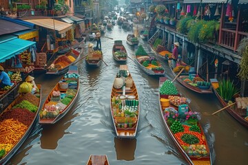 Obraz premium A vibrant Thai floating market with boats filled with fresh produce, spices, and handcrafted goods, and a bustling crowd of locals and tourists.