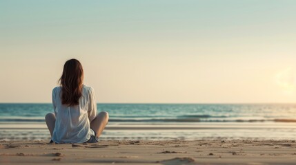 A young woman sits alone on the beach. looking out at the sea This scene captures moments of solitude and reflection. It has quiet beaches and vast seas.