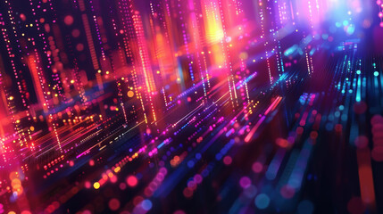 Obraz premium Abstract futuristic background with vibrant neon lights and digital patterns, perfect for tech, design, and innovation themes.