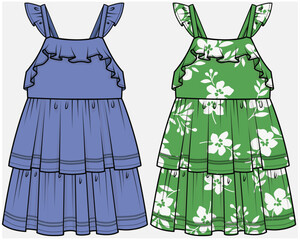 FRILL SLEEVELESS SUN DRESS WITH LACE AND LAYERED DETAIL DESIGNED FOR TEEN AND KID GIRLS IN VECTOR FILE