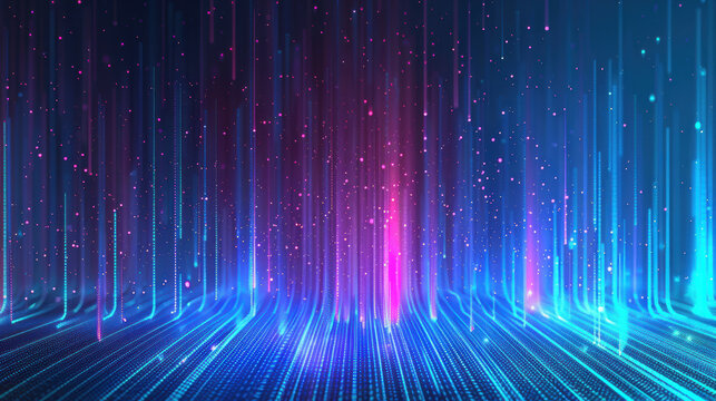 Vibrant, futuristic background featuring glowing neon lights and dynamic vertical lines in blue and pink hues, perfect for tech and digital themes.