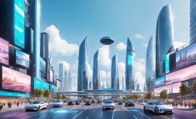 Obraz premium Futuristic Cityscape with Smart Buildings, Autonomous Vehicles, and Digital Billboards
