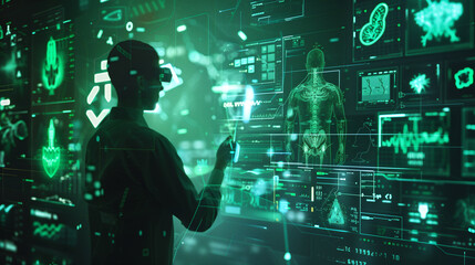 Fototapeta premium futuristic healtcare digitalization, displays, holograms, green tones
