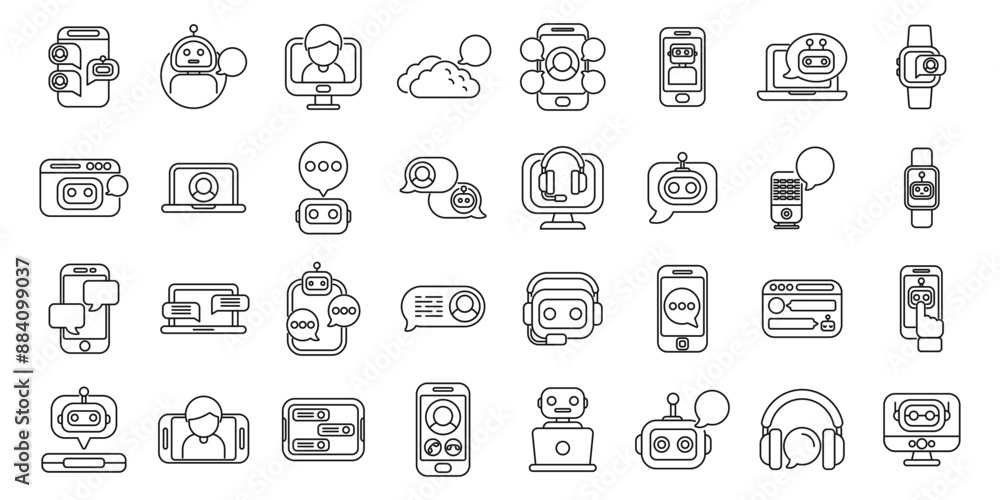 Poster virtual assistant services icons set. icons showcasing diverse devices and platforms used by chatbot