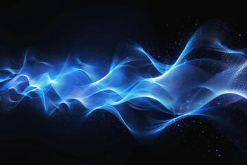Obraz premium Abstract blue wave light effect against black background. Futuristic glowing lines and particle effect for tech, sci-fi, or artistic visual projects.
