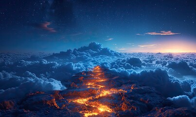 Fototapeta premium The concept of the path to success is symbolized by a glowing path leading to the mountain's summit.