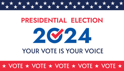 USA 2024 Presidential Election background with American flag colors design. Election event banner, card, poster, template, voting communication, background. Vote day, November 5. Vector illustration.