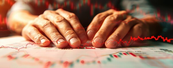 Close-up of hands gripping a financial report showing downturn, anxious expressions, bear market impact, red decline charts, high-detail illustration