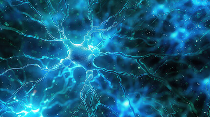 Abstract digital illustration of a neuron with branching dendrites, showcasing neural connections and the complexity of brain cells in a vibrant blue glow.