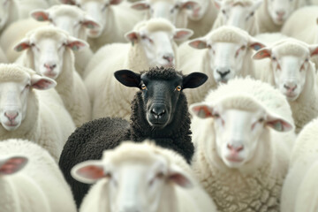 Obraz premium A unique black sheep stands out in a flock of white sheep, showcasing individuality and difference within a group. Concept of diversity and uniqueness.