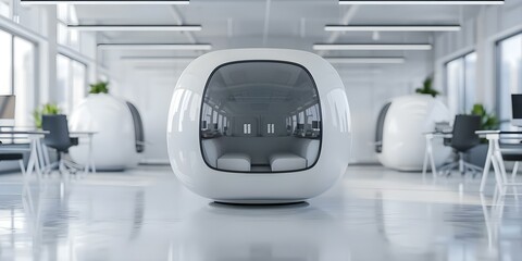 Obraz premium Futuristic office pod for silent online work in open office space. Concept Office Pods, Workplace Innovation, Productivity Solutions, Flexible Office Design, Modern Work Environment