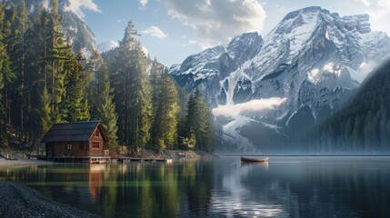 Naklejka premium Serene alpine lake nestled in mountains, water reflects sky, forest, and snow-capped peaks