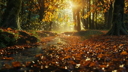 Golden leaves blanket forest path, autumn paints nature's canvas vibrant