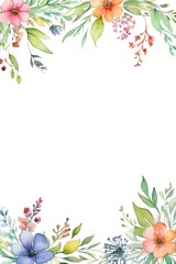 Fototapeta premium Floral frame with watercolor elegant tiny flowers isolated on white, decorative flower background pattern, watercolor floral border background. Generative AI.
