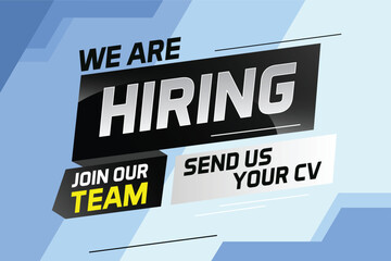 Hiring recruitment design for banner poster. We are hiring lettering with geometric shapes lines. Vector illustration typographic. Open vacancy design template


