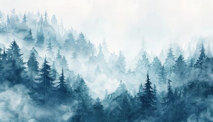 Water Color Foggy forest with blue tones and many trees.