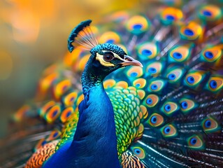 Fototapeta premium Colorful Peacock Spreading Vibrant Feathers in a Lush Garden Setting