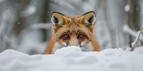 Fototapeta premium Curious Red Fox Peeking from Snowy Winter Forest