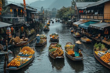 Obraz premium A vibrant Thai floating market with boats filled with fresh produce, spices, and handcrafted goods, and a bustling crowd of locals and tourists.