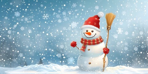 Fototapeta premium Cheerful Snowman Holding Broom Against Snowy Winter Landscape on White Background