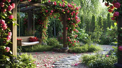 A picturesque garden with a pergola covered in climbing roses, a wooden swing, and a cobblestone path.