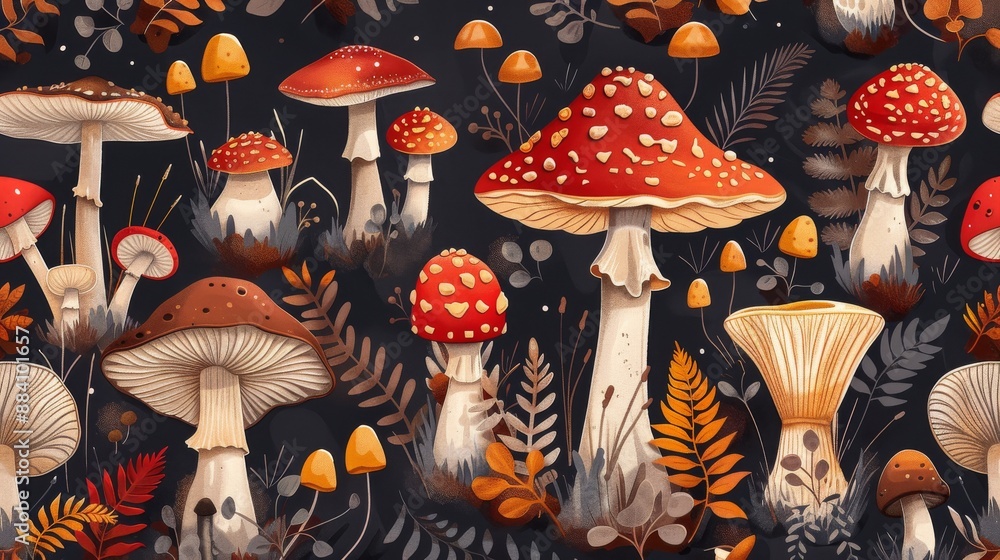 Poster seamless pattern with various types of mushrooms in a dark forest