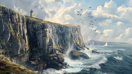 Mighty waterfall cascades over mossy cliffs into a turquoise pool, surrounded by lush green forest, while distant mountains shrouded in mist create a breathtaking natural landscape