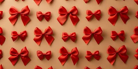 Seamless pattern of red bows on beige background for gift wrap. Concept Gift Wrapping, Red Bows, Seamless Pattern, Beige Background, Festive Design