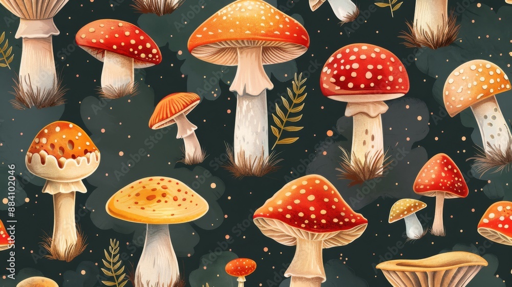 Poster seamless pattern with various types of mushrooms on dark green background