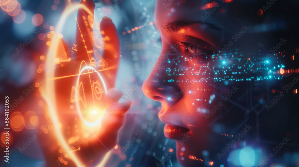 Poster close-up of a young woman's face next to a digitally rendered screen with colorful graphs and insert