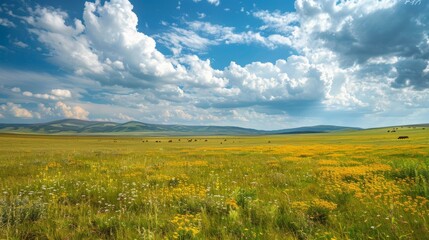 Obraz premium Golden wheat field under vast blue sky with fluffy clouds rolls gently over rural landscape