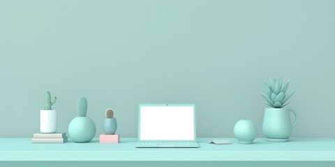 A minimalist workspace with a laptop, potted plants, and a blue vase, set against a soft green backdrop
