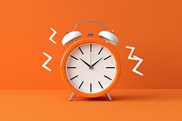 An orange alarm clock with white bells is ringing on an orange background, indicating a new day is starting