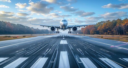 A passenger airplane takes off on the runway, offering a front view.