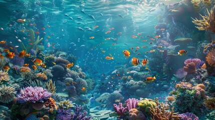 Vibrant coral reef teeming with colorful fish in crystal clear tropical ocean