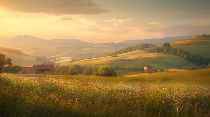 Obraz premium Golden hour paints green valley, mist-kissed mountains, and vibrant sky