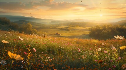 Golden sunlight paints vibrant meadow, mountains kissed by sunrise and sunset, nature's canvas in bloom