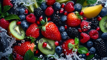 Obraz premium Top view of various fruits submerged in clear water on a black floor, with a detailed 3D backdrop enhancing the vibrant contrast.