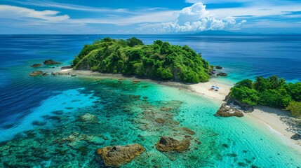 Fototapeta premium Turquoise waves kiss a tropical island's white sand shore under a vibrant summer sky