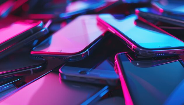 A pile modern smartphones, vibrant pink and blue lights reflected on a shiny surface