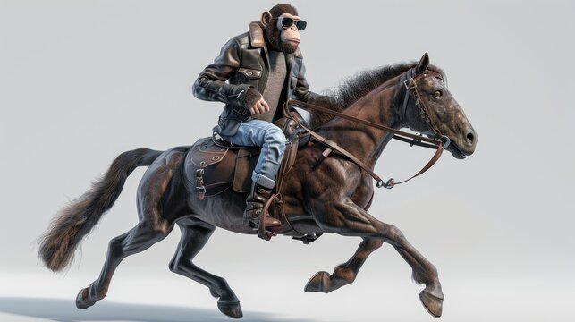 monkey dressed in sunglasses, leather jacket, and jeans straddling a galloping brown horse