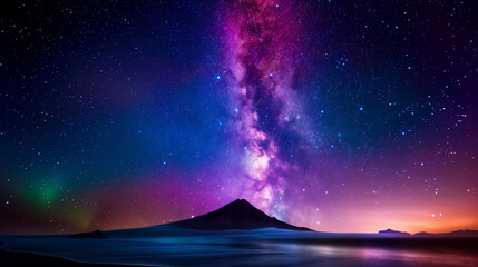 Milky Way over the mountains at night with reflection on the lake