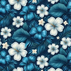 Vintage Blue And White Tropical Floral Pattern