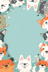 A group of cartoon dogs and cats are smiling and looking at the camera