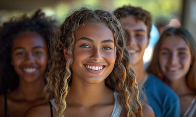 Fototapeta premium Happy young multiracial friends laugh and walk outside, having fun on a summer day. Cheerful university students stand together on campus, smiling and backlit.