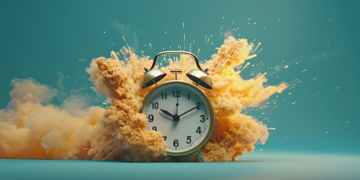 A vintage alarm clock sits amidst a vibrant explosion of yellow smoke against a teal backdrop, symbolizing the rush and chaos of modern life