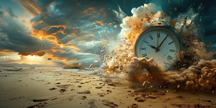A large clock explodes in a cloud of dust and debris, creating a dramatic scene against a backdrop of a sunset sky and a deserted beach
