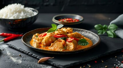A spicy Thai chicken curry dish placed on a black slate with a bowl of rice behind it dark background This makes for a delicious and stunning presentation.