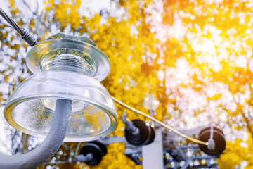 Close-up of a glass insulator on a power line. The insulator is made of clear glass and has a metal...